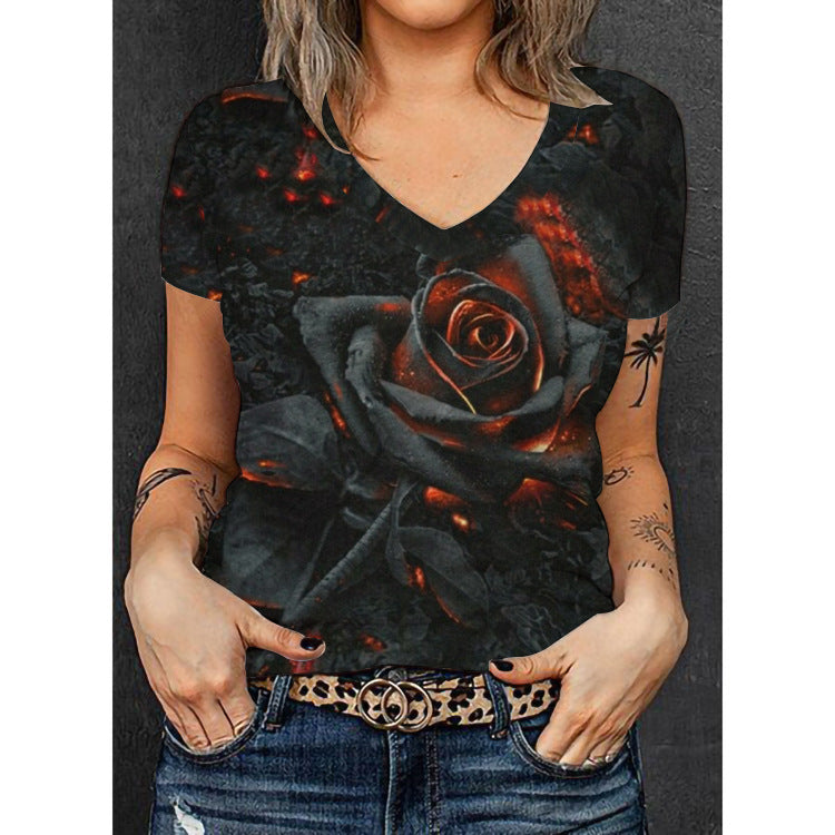 Damen V-Ausschnitt T-Shirt mit floralem Muster und Glitzerakzenten Echo Archiv