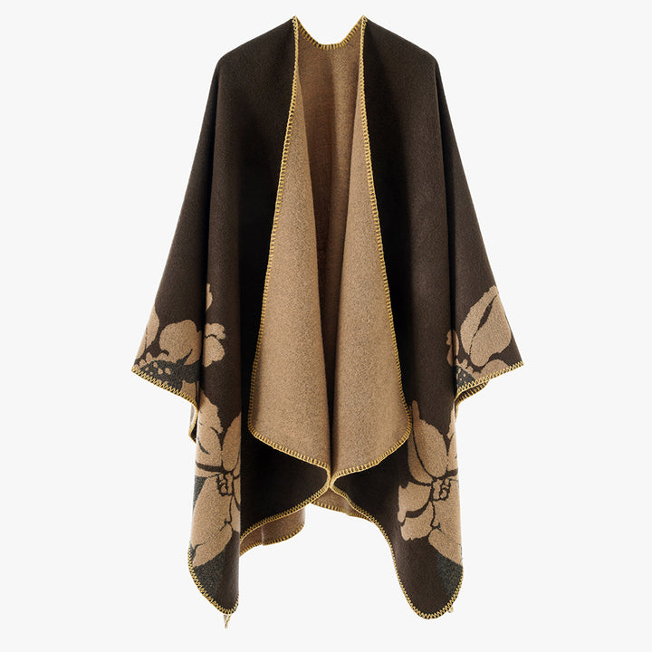 Damen Reversible Wollmix-Poncho mit floralem Jacquardmuster – Avérine