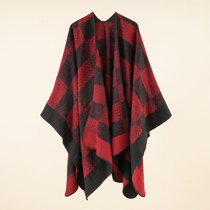 Damen Vielseitiger Wollmix-Überwurf im kastigen Kimono-Fall mit großflächigem Karojacquard – Montévia