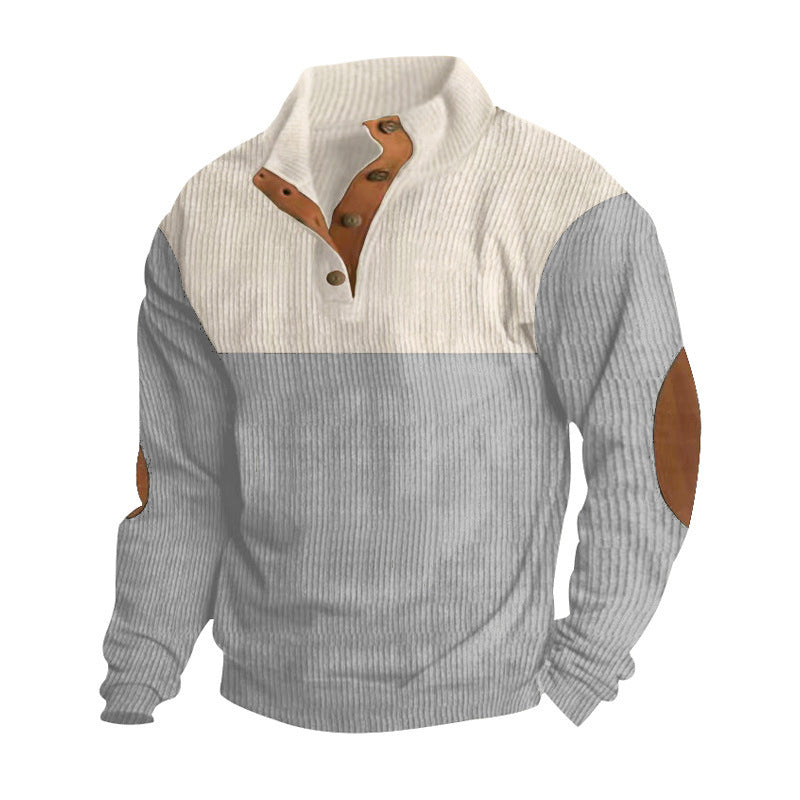 Herren nan gerippter Pullover mit Stehkragen, Knopfleiste und Ellbogen-Patches Echo Archiv
