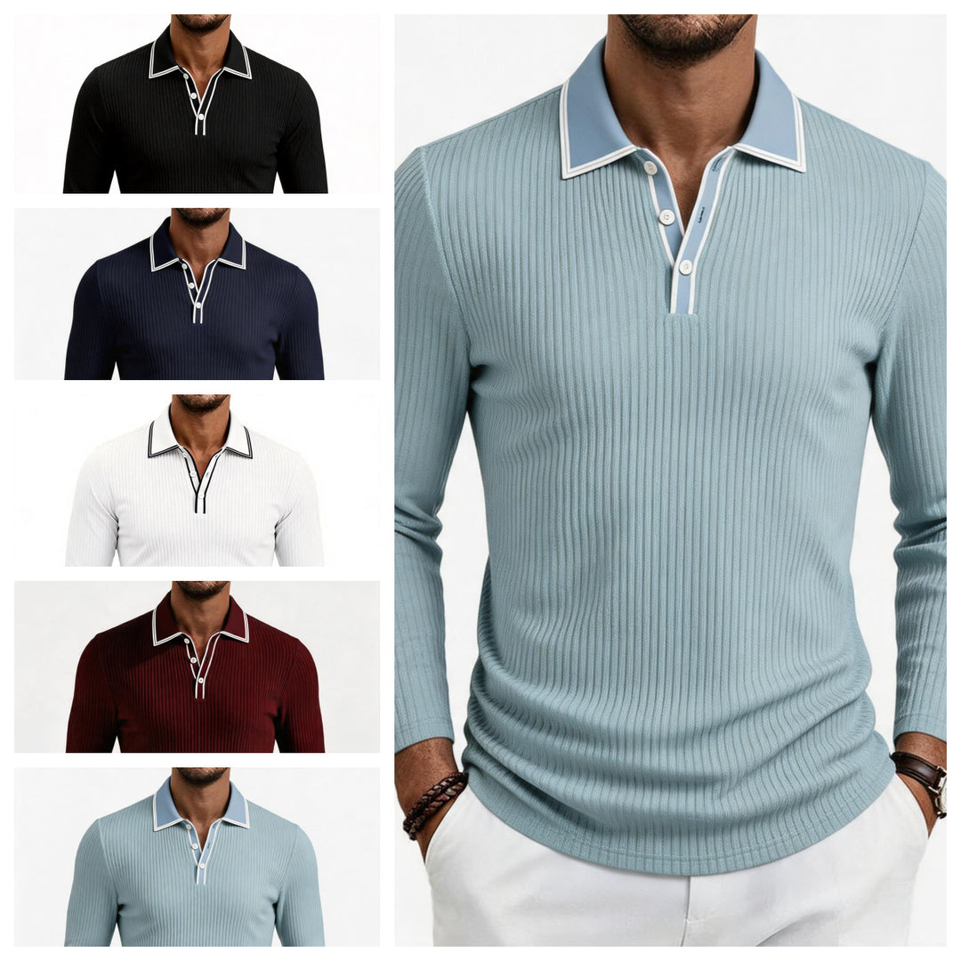 Herren fein geripptes Langarm-Poloshirt aus elastischer Merino-Mixqualität mit Kontrastkanten – Cavello