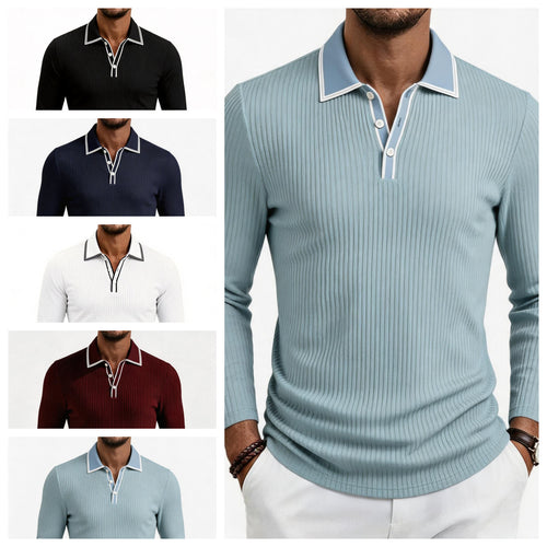 Herren fein geripptes Langarm-Poloshirt aus elastischer Merino-Mixqualität mit Kontrastkanten – Cavello