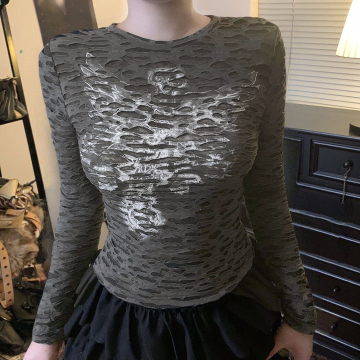 Damen Figurbetontes strukturiertes Langarmshirt mit metallischem Skelettprint Echo Archiv