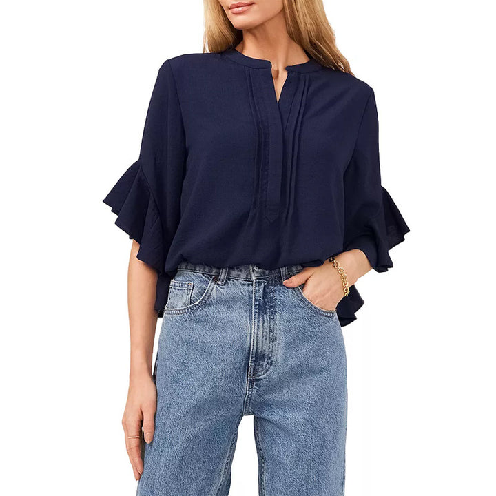 Damen Rüschen-Bluse mit V-Schlitz, lockerem Schnitt und Trompetenärmeln – Avérine