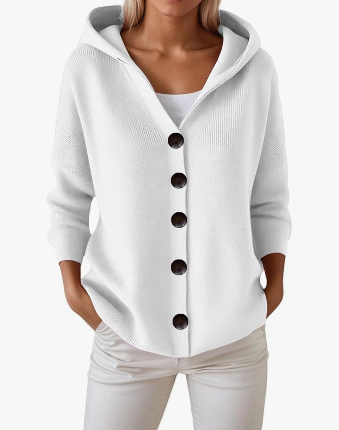 Damen Kapuzen-Strickjacke mit großen Holzknöpfen und seitlichen Eingrifftaschen – Veloura