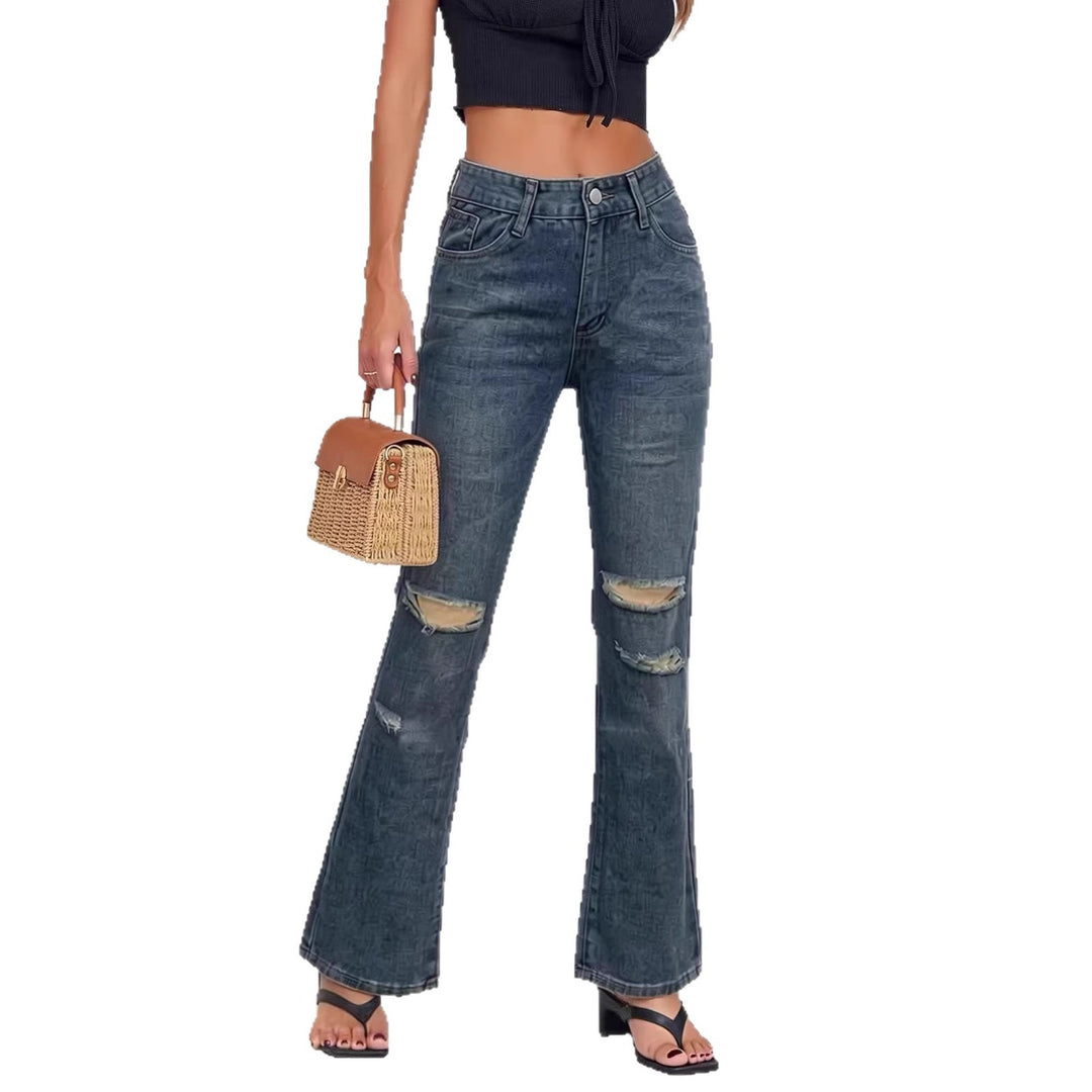 Damen nan High‑Waist Schlagjeans mit Distressed-Kniepartie und strukturierter Denim-Optik Echo Archiv