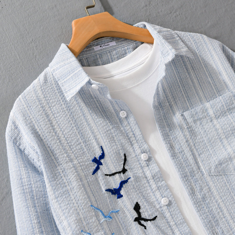 Herren Leichtes gestreiftes Overshirt aus Leinen-Baumwollmix mit Vogelstickerei Echoarchiv