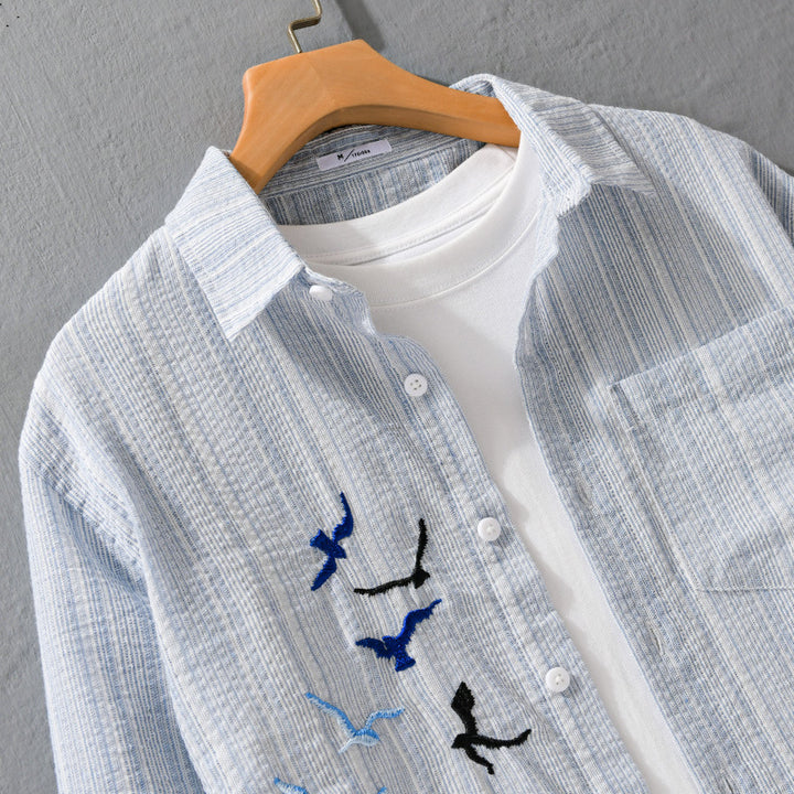 Herren Leichtes gestreiftes Overshirt aus Leinen-Baumwollmix mit Vogelstickerei Echoarchiv