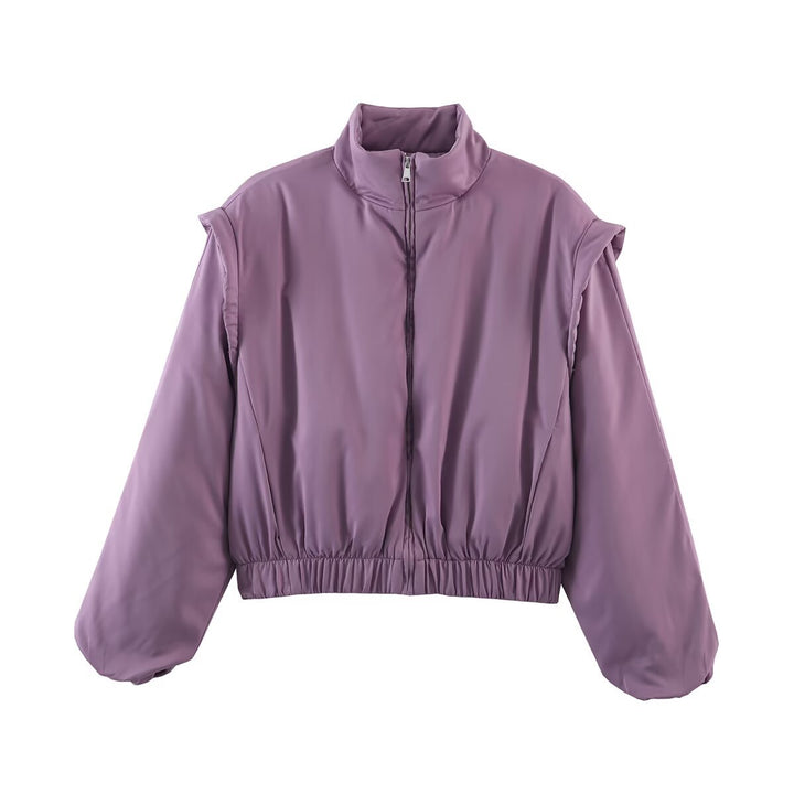 Damen Cropped Blousonjacke mit hohem Stehkragen, elastischem Saum und voluminösen Ärmeln Echoarchiv