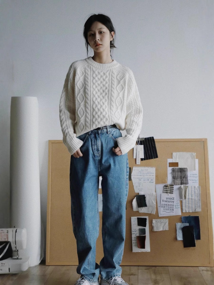 Damen Strukturierter Zopfmuster-Pullover aus Merino-Mix mit gerippten Abschlüssen und kastiger Passform Echoarchiv