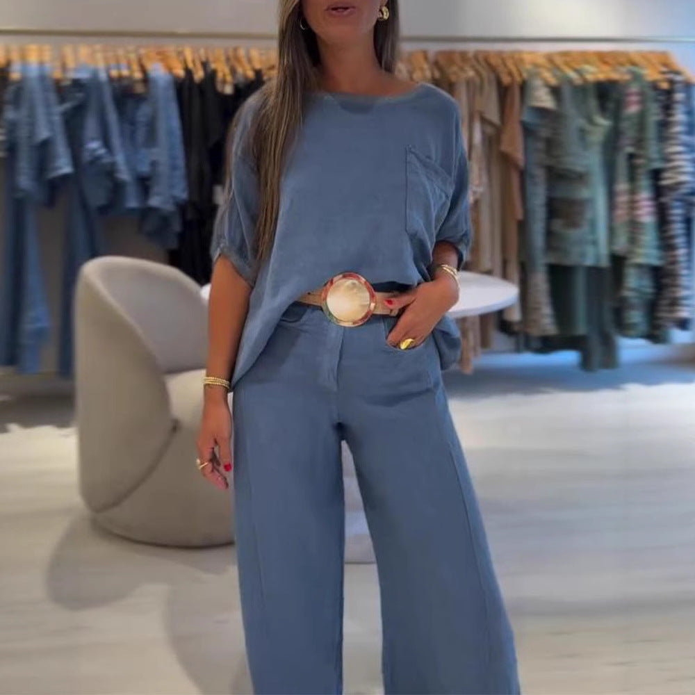 Damen nan lässiges Leinenmix-Zweiteiler mit kastigem Oversize-Top, aufgesetzter Brusttasche und weitem Palazzo-Hosenbein Echo Archiv