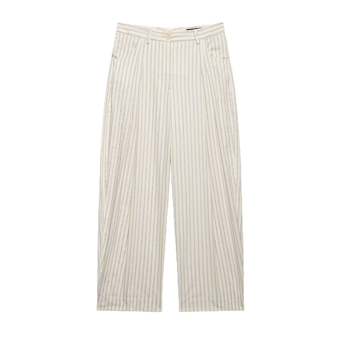 Damen Weite Leinenhose mit hoher Taille, Streifenmuster und aufgesetzten Taschen Echoarchiv