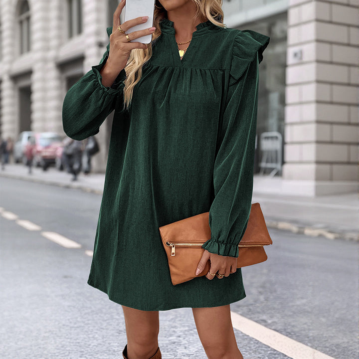 Damen Rüschen-A-Linien Kleid mit geraffter Brust und V-Ausschnitt – Élara