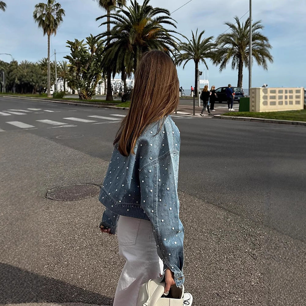 Damen Gekürzte Denim-Jacke mit Perlenbesatz und Oversize-Ärmeln Echoarchiv