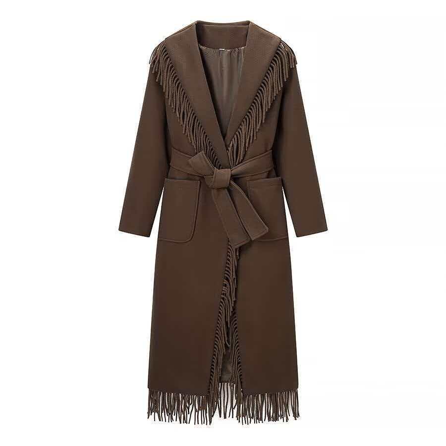 Damen Langer Fransen-Wollmix-Mantel mit Kapuze, Bindegürtel und aufgesetzten Taschen Echo Archiv