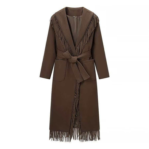Damen Langer Fransen-Wollmix-Mantel mit Kapuze, Bindegürtel und aufgesetzten Taschen Echo Archiv