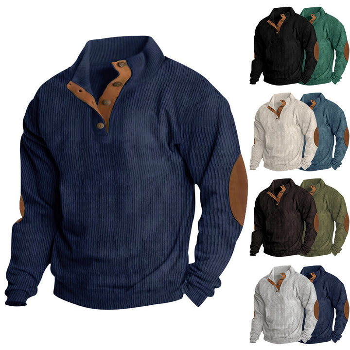 Herren Gerippter Henley-Pullover mit Stehkragen, Knopfleiste & Leder-Ellbogenpatches – Norvane