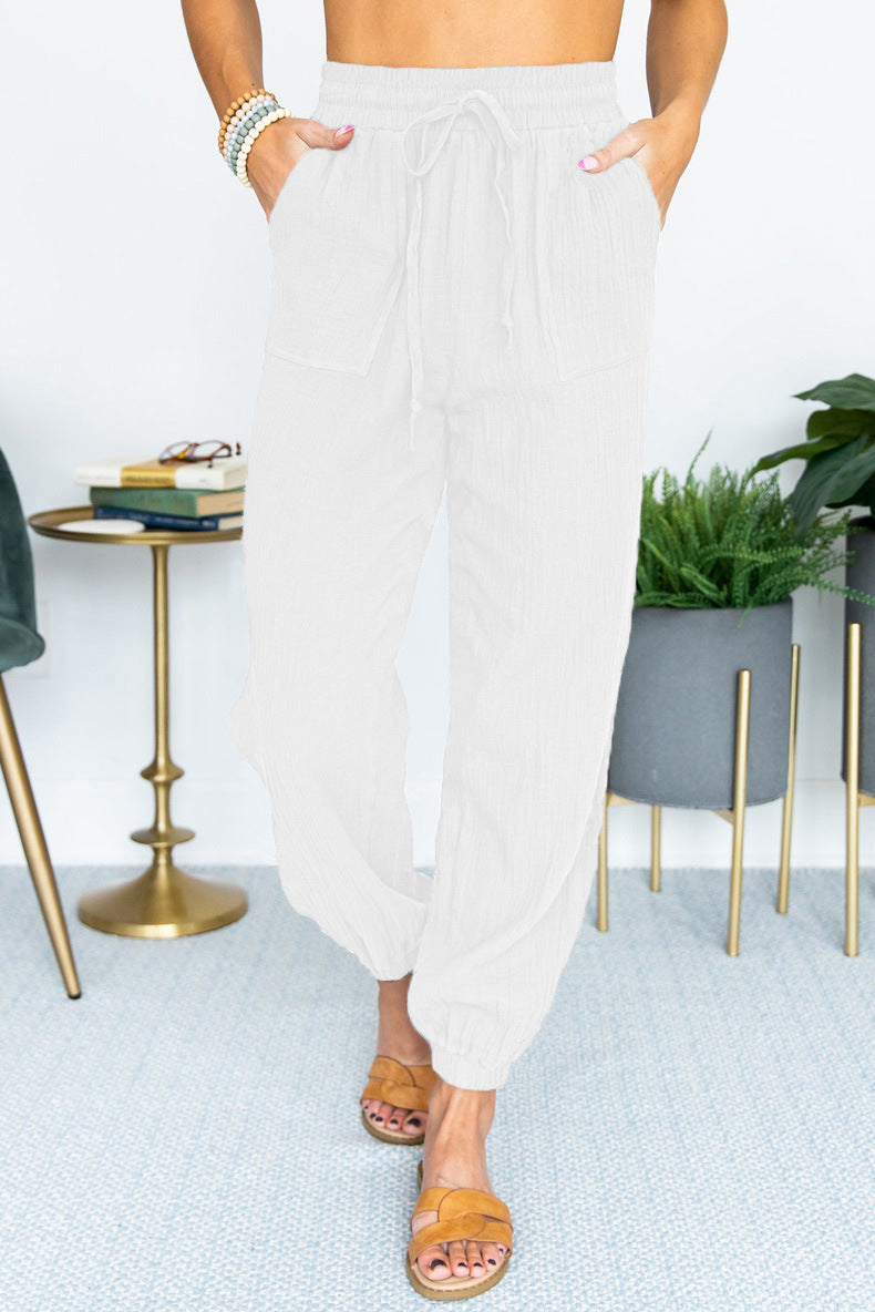 Damen Leichte Leinen-Joggerhose mit Tunnelzug, aufgesetzten Taschen und elastischen Bündchen Echo Archiv