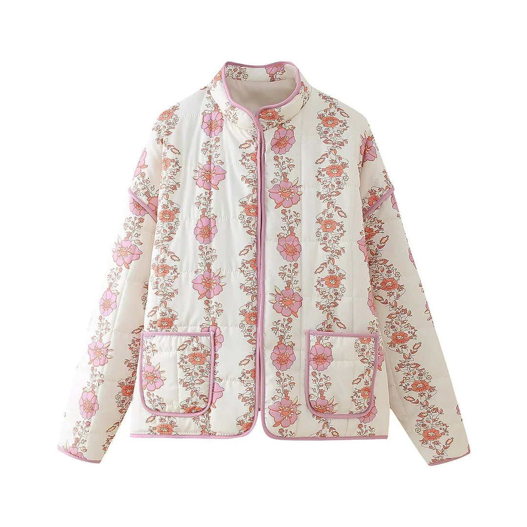 Damen gesteppte Kurzjacke mit floralem Allover-Print, leichter Wattierung, Stehkragen und aufgesetzten Taschen – Célinea