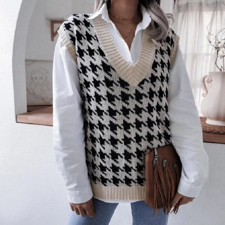 Damen Oversize Strickweste mit Hahnentritt-Muster und V-Ausschnitt Echo Archiv