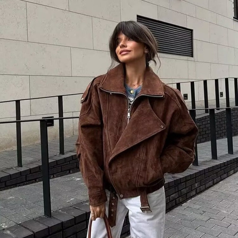 Damen Oversize Bomberjacke mit breitem Reverskragen, Taillengürtel und Schulterklappen Echo Archiv