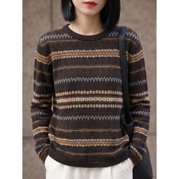 Damen Leichter Rundhals-Pullover im Norwegerstreifen-Design mit strukturierter Ajouroptik Echoarchiv