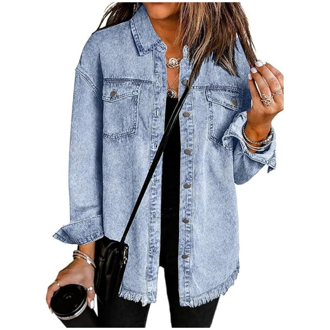 Damen Oversize Jeanshemdjacke mit Fransensaum Echoarchiv