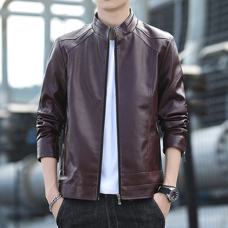Herren Kunstleder‑Motojacke im Slim-Aviator-Cut mit hohem Stehkragen und Reißverschlussärmeln Echoarchiv