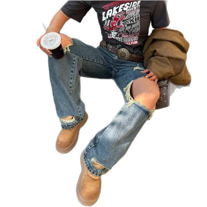 Damen Weite Vintage-Ripped-Jeans mit hoher Taille, großflächigen Knierissen und relaxed Straight-Leg Echo Archiv