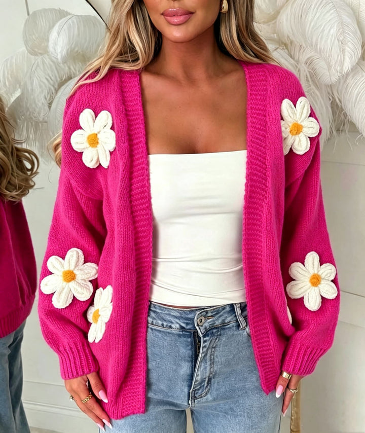Damen Oversize-Strickcardigan mit 3D-Blumenapplikationen und geripptem Saum – Veloura