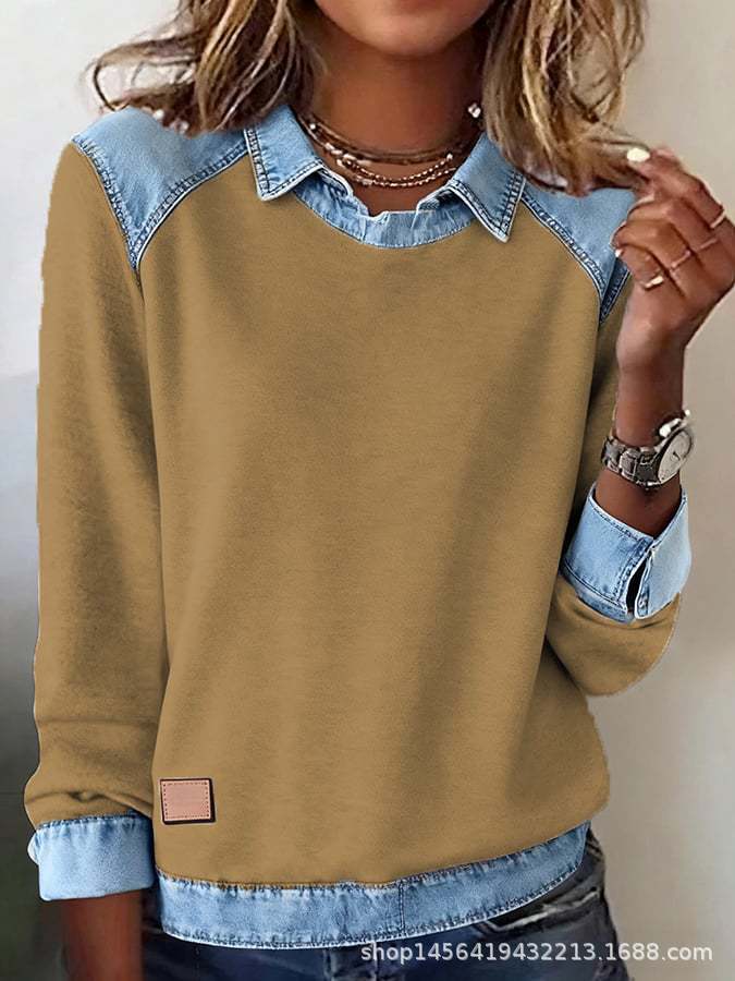 Damen nan gerippter Strickpullover mit Jeanskragen und Knopfleiste Echo Archiv