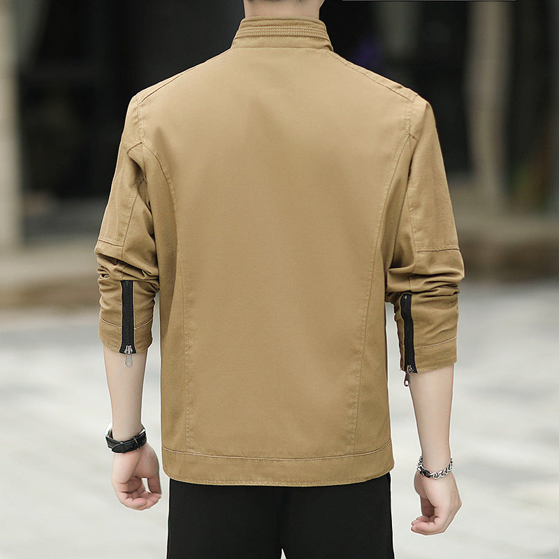 Herren Minimalistische Utility-Übergangsjacke aus Baumwoll-Canvas mit Stehkragen und Reißverschlusstaschen Echoarchiv