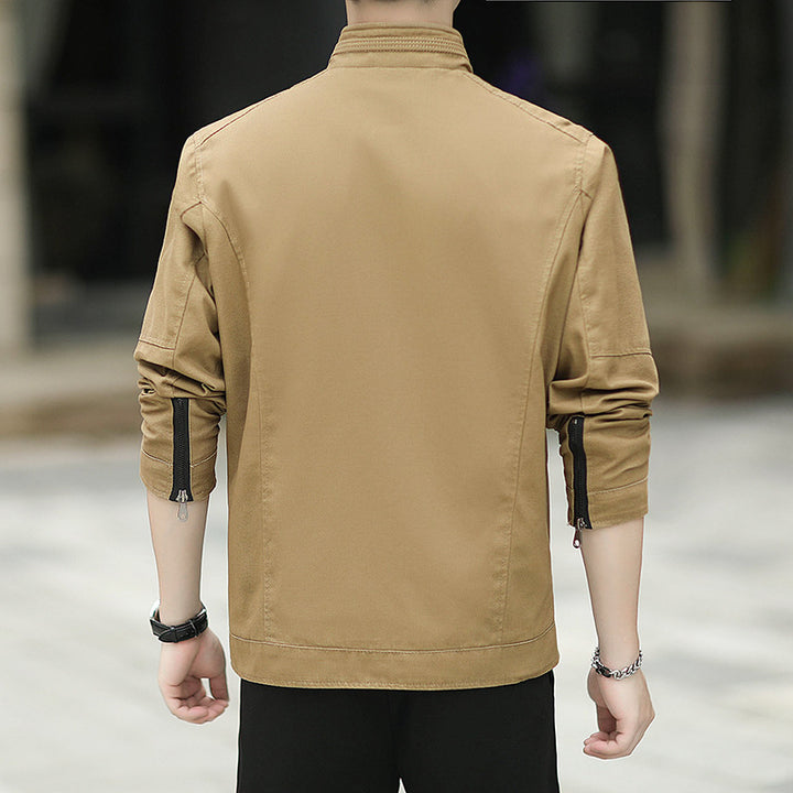 Herren Minimalistische Utility-Übergangsjacke aus Baumwoll-Canvas mit Stehkragen und Reißverschlusstaschen Echoarchiv