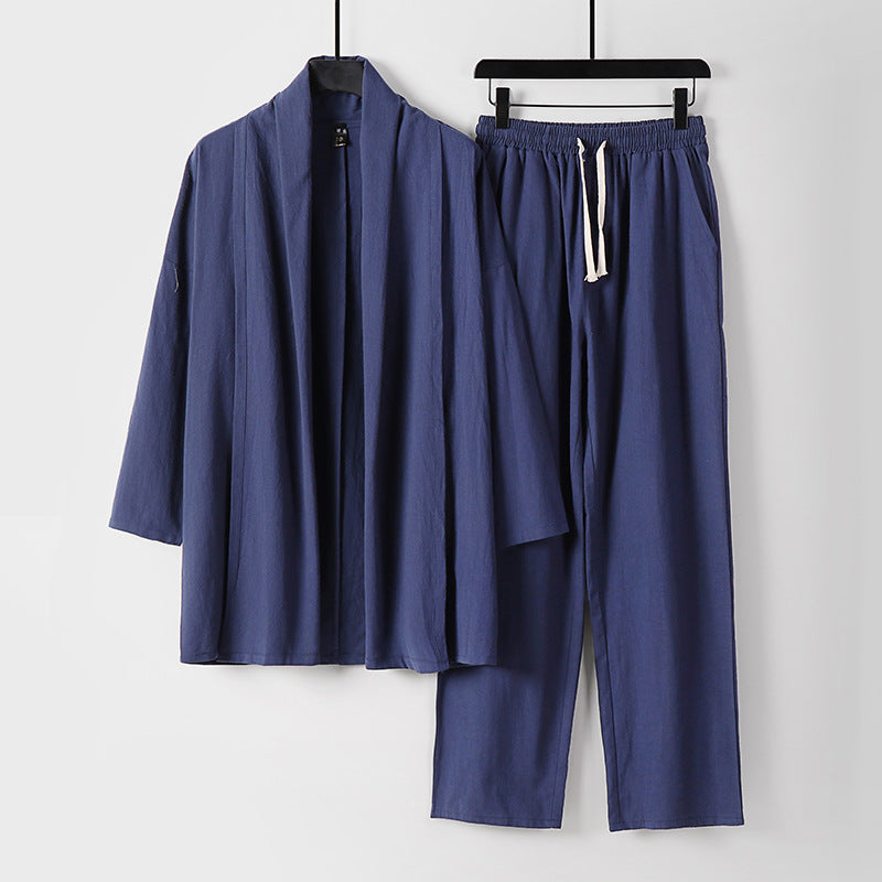 Unisex Lässiges Kimono-Zweiteiler aus atmungsaktivem Leinen-Viskose mit offenem Schalkragen und Kordelbundhose Echoarchiv