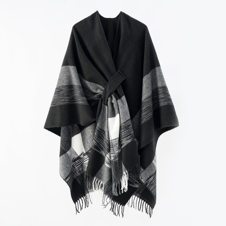 Damen Cape-Umhang aus Wollmix mit Bindegürtel und Karodessin Echo Archiv