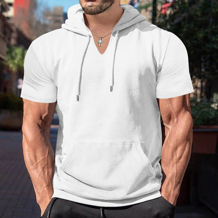 Herren lässiges Kurzarm-Kapuzen-T-Shirt mit V-Ausschnitt und praktischer Kängurutasche Echoarchiv