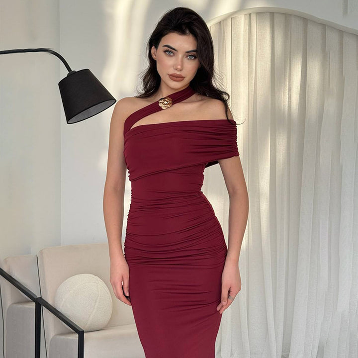 Damen Elegantes Rüschen-Maxikleid mit asymmetrischem Träger Echo Archiv