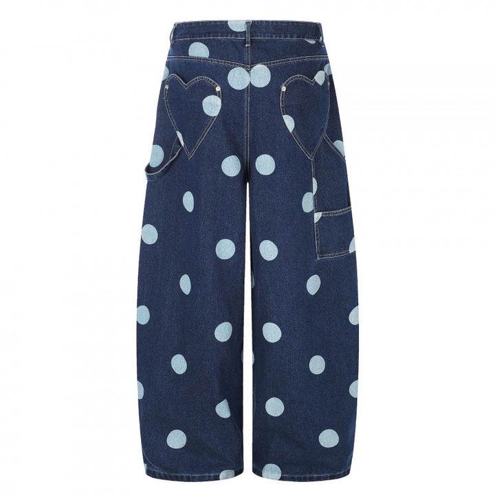 Damen Weite Cropped-Jeans mit hoher Taille, Polka‑Dot‑Print und Carpenter‑Details Echo Archiv
