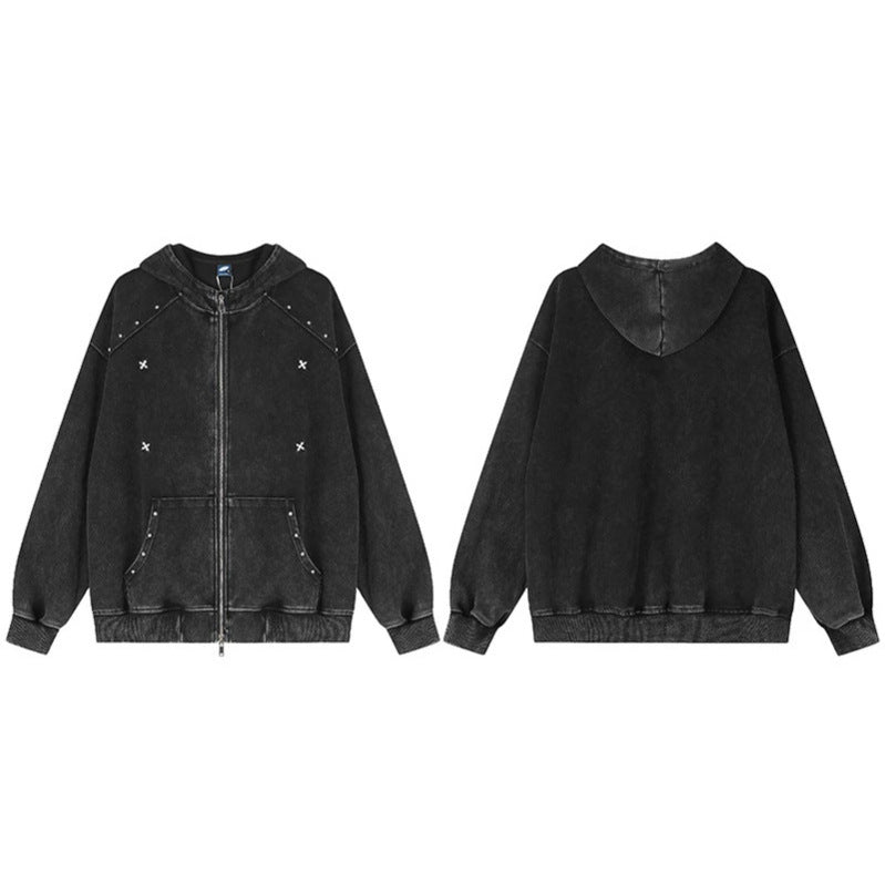 Unisex Oversize-Kapuzen-Zipjacke mit Vintage-Waschung, Metallnieten und Kängurutasche Echoarchiv