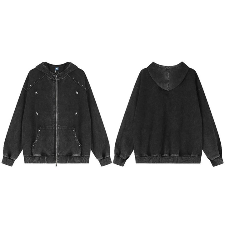 Unisex Oversize-Kapuzen-Zipjacke mit Vintage-Waschung, Metallnieten und Kängurutasche Echoarchiv