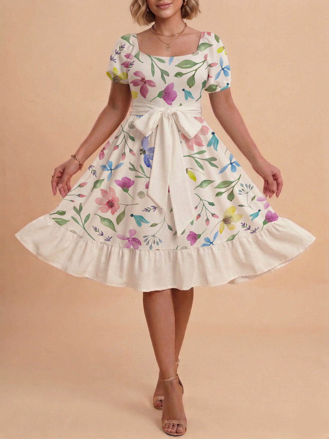 Damen Blumenkleid mit taillierbarem Gürtel und voluminösen Ärmeln Echo Archiv
