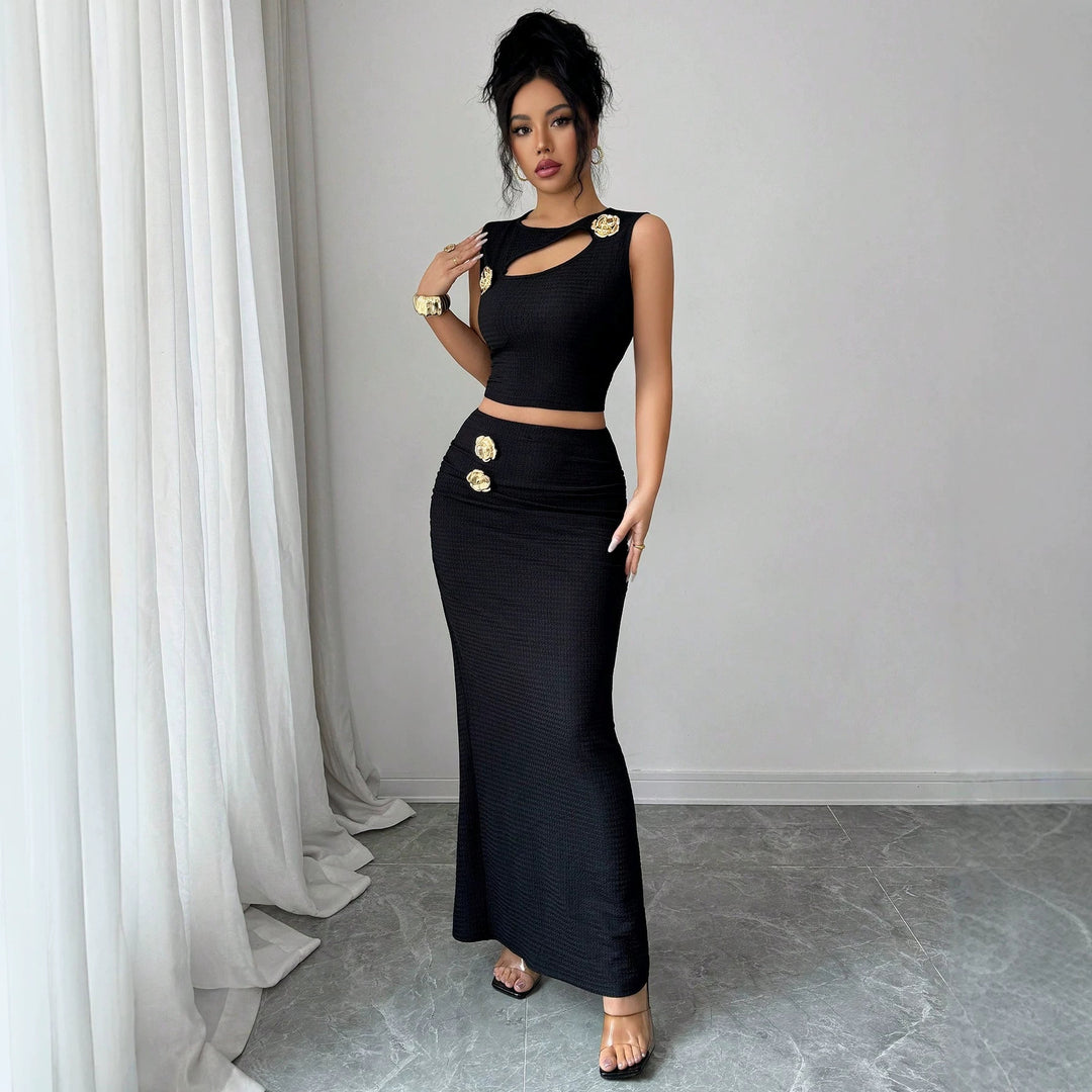 Damen nan zweiteiliges tailliertes Set mit asymmetrischem Cut-Out Crop-Top und figurbetontem Maxi-Bleistiftrock Echo Archiv