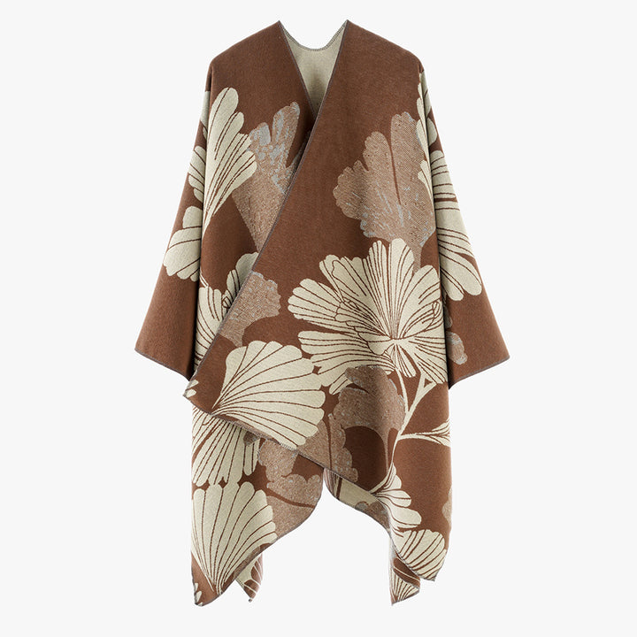 Damen Jacquard‑Capeponcho mit großflächigem Blatt‑Jacquard und offenem Wickelschnitt – Montévia