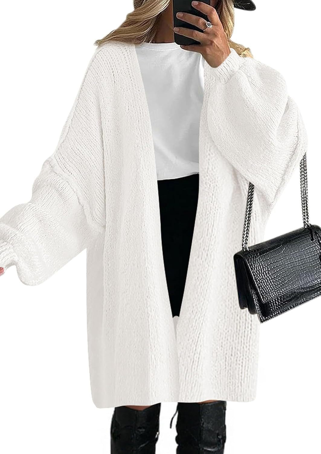 Damen Oversize Strickcardigan mit weiten Ballonärmeln und offener Front Echoarchiv
