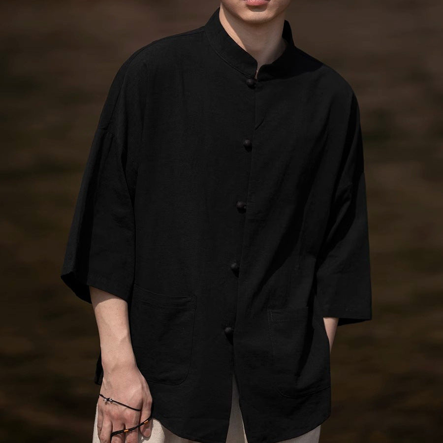 Herren Oversize Hemd im Kimono-Stil aus Leinen-Baumwollmix mit Stehkragen Echoarchiv