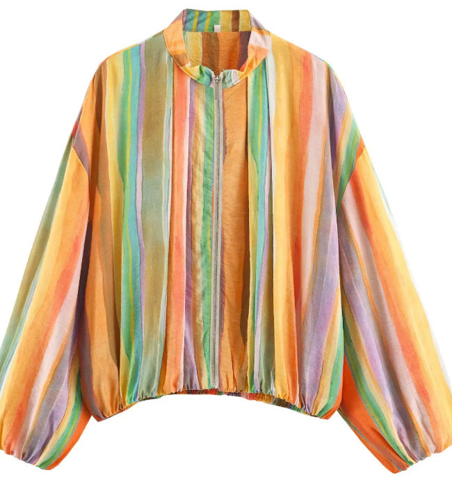 Damen Gestreifte Cropped Blousonjacke mit Stehkragen, Reißverschluss und Ballonärmeln Echo Archiv