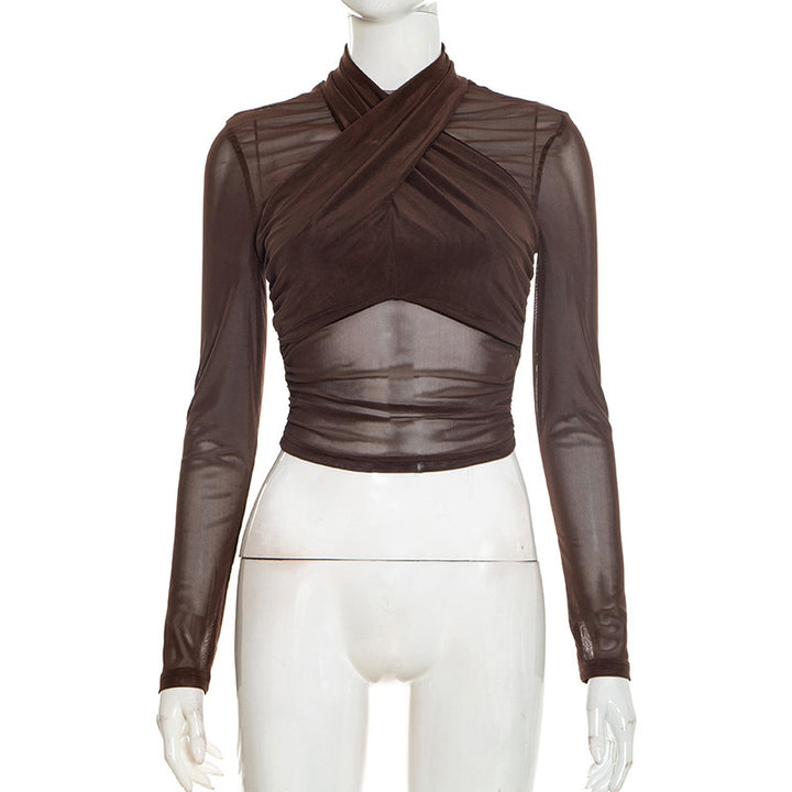 Damen Elegantes Wickeloberteil mit transparentem Stoff und langen Ärmeln Echo Archiv