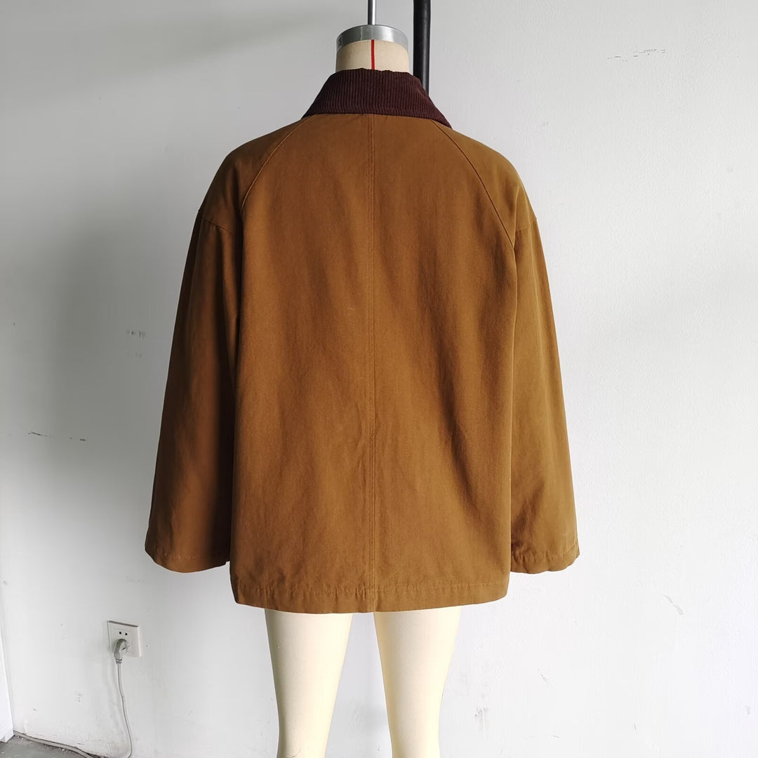Damen kurze Canvasjacke mit Cordkragen und dekorativen Knebelverschlüssen – Célinea