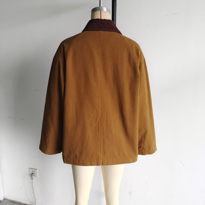 Damen kurze Canvasjacke mit Cordkragen und dekorativen Knebelverschlüssen – Célinea