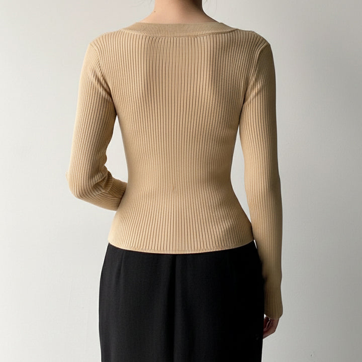 Damen Enganliegendes geripptes Langarmshirt mit tiefem U-Ausschnitt Echo Archiv
